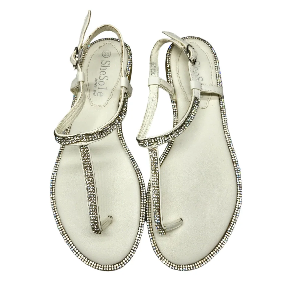 White Sparkly Sandals Rhinestones Embellished Dressy Thong Ankle Strap Womens 36 - Picture 7 of 12